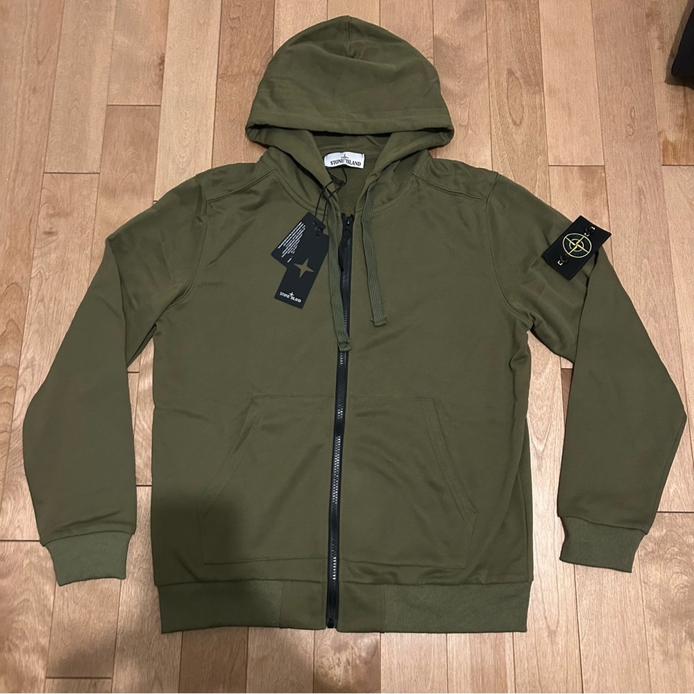 Stone Island Olive Zip Hoodie with Branded Tag
